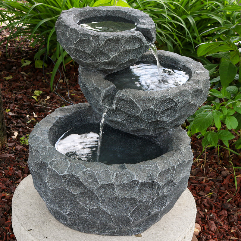 Sunnydaze 3-Tier Chiseled Basin Solar Powered Fountain for Garden, Patio, Yard or Balcony - Polyresin