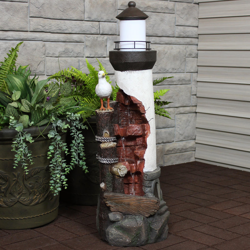 Sunnydaze Gull's Cove Outdoor Lighthouse Fountain with LED Light - 36"