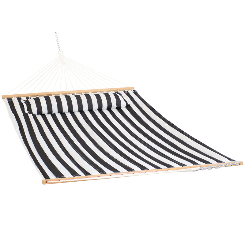 Sunnydaze Quilted Fabric Double Hammock with Pillow & Spreader Bars - Black and White