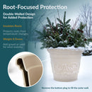 Cream-colored double-walled planter displayed outdoors in winter, with a close-up showing its hollow wall construction. Text highlights root insulation, adding gravel or sand for stability, and filling the outer wall through the bottom plug.