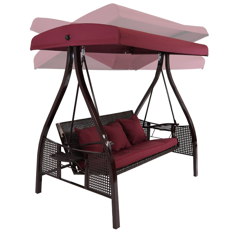 Sunnydaze 3-Person Steel Patio Swing with Side Tables and Canopy - Merlot