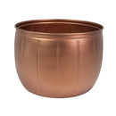 Rear view of the copper Embossed Panel Hose Pot, featuring a rounded metal design with vertical embossed panel detailing and a rolled upper rim.