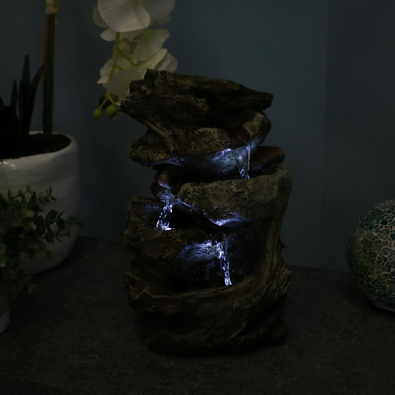 Sunnydaze Tiered Rock & Log Indoor Waterfall Fountain with LED Lights - 10"