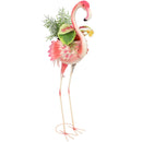 Pink outdoor metal flamingo garden statue with planter