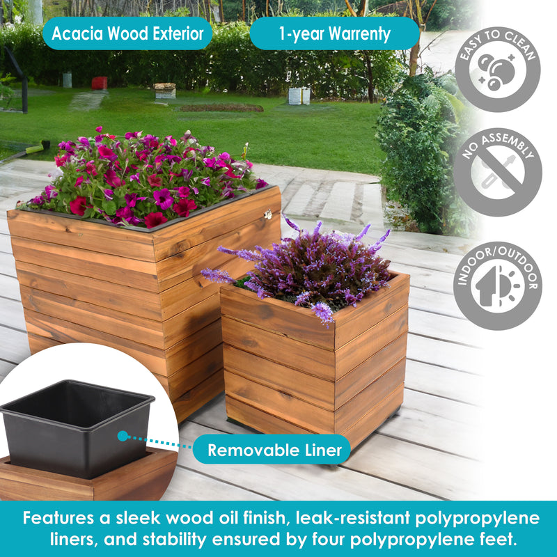 wood box planters Sunnydaze Indoor/Outdoor Square Acacia Wood Planter Box with Plastic Liner - 2pk