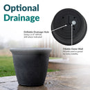 Sunnydaze 15.25-Inch Anjelica Large Plastic Pot for Plants - Outdoor Double-Walled Large Plastic Planter with Drillable Drainage Holes -Black, highlighting optional drainage hole and fillable outer wall design.
