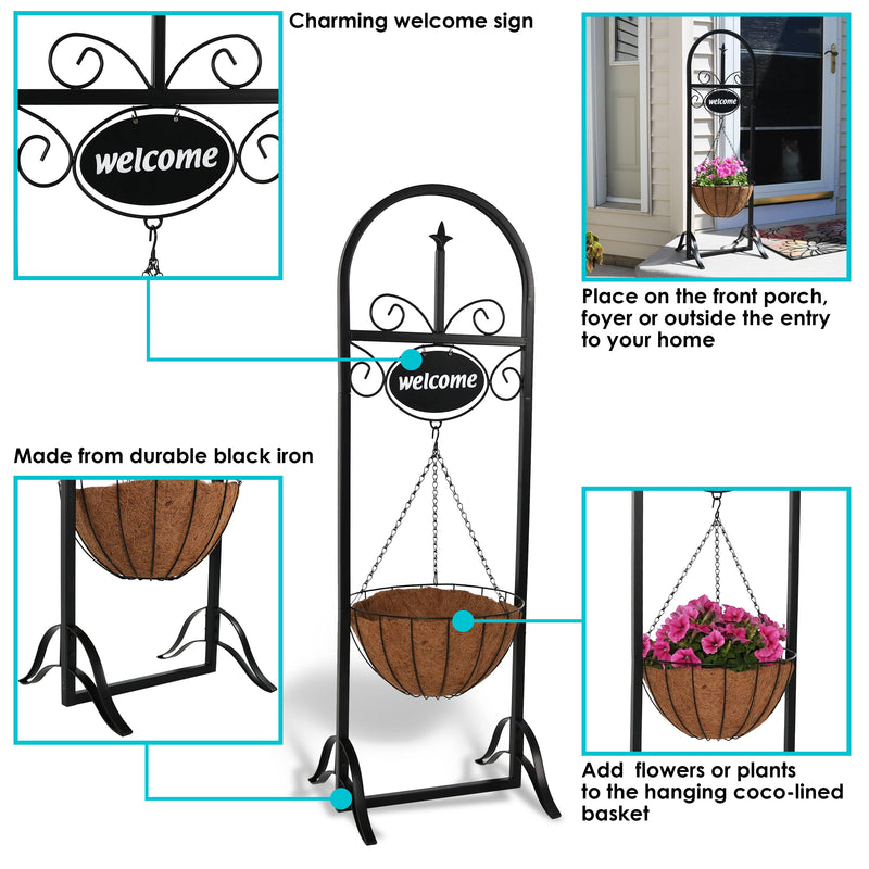 welcome sign plant hanger Sunnydaze Outdoor Welcome Sign with Hanging Basket Planter Stand