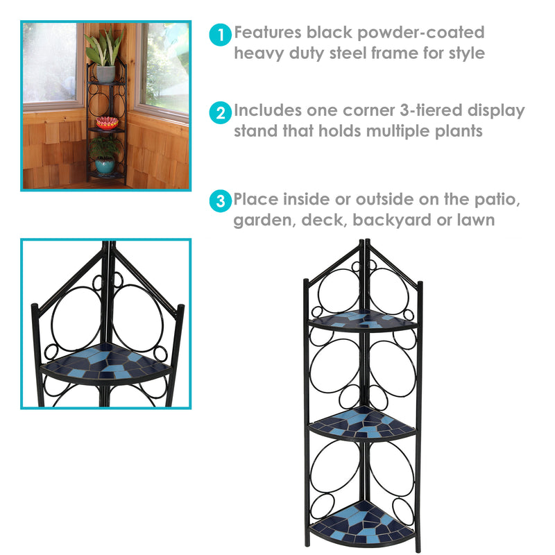 Sunnydaze 3-Tier Blue Mosaic Tiled Corner Display Shelf for Plants - 44"