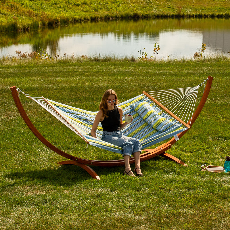 Sunnydaze 2-Person Double Rope Hammock with Wooden Stand