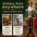 Decorative Santa figure in a green, burgundy, and gold outfit shown in indoor and outdoor holiday settings, highlighting versatile placement for fireplaces, Christmas trees, entryways, porches, doorways, and patios. Text reads “Holiday Style Anywhere” and “Indoor & Outdoor Decor.”