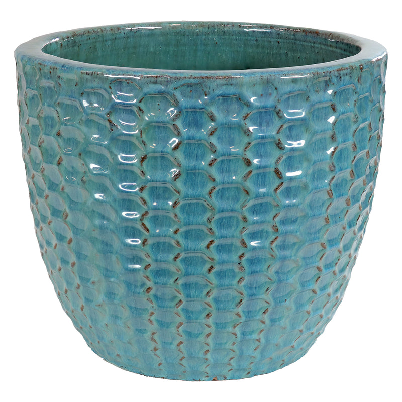 Sunnydaze 14" Ceramic Plant Pot - Turquoise Raised Hexagon Pattern