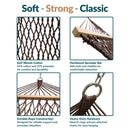 Brown Cotton Spreader Bar Rope Hammock featuring soft woven 65% cotton and 35% polyester rope, hardwood spreader bars, durable rope construction, and heavy-duty steel O-rings with pre-attached chains.