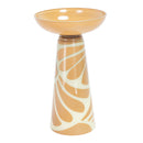 Glass Pedestal Bird Bath in tan and white abstract featuring a wide glass bowl and tapered pedestal with a flowing abstract pattern.