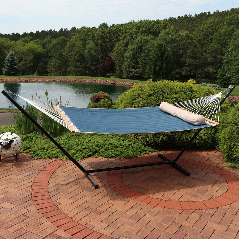 Sunnydaze 2-Person Quilted Hammock with Pillow and Stand - Tidal Wave