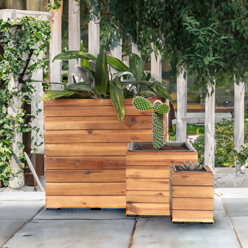plastic wood planter Sunnydaze Indoor/Outdoor Square Acacia Wood Planter Box with Plastic Liner - 3pk