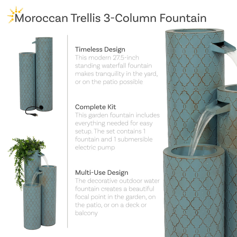 Sunnydaze Moroccan Trellis 3-Column Modern Outdoor Water Fountain - 27.5"