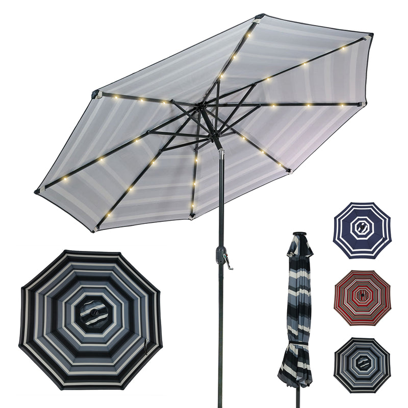 Sunnydaze 9 Foot Outdoor Patio Umbrella with Solar Lights & Tilt/Crank, Led, Awning Stripe