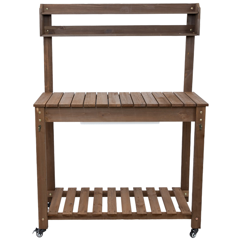 Sunnydaze Wheeled Outdoor Potting Bench with Sink - Fir Wood - Brown