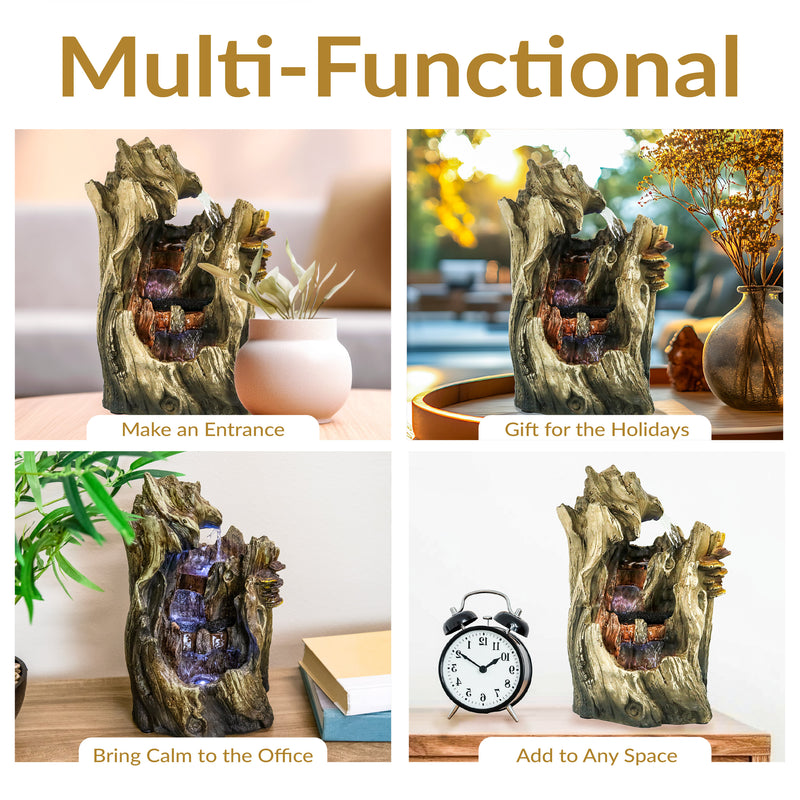 Sunnydaze Cascading Caves Tree Trunk Waterfall Fountain with LED Lights - 14"