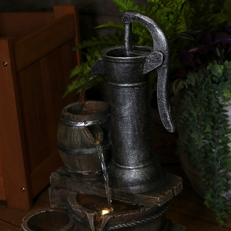 Sunnydaze Cozy Farmhouse Pump and Barrels Outdoor Fountain with Lights