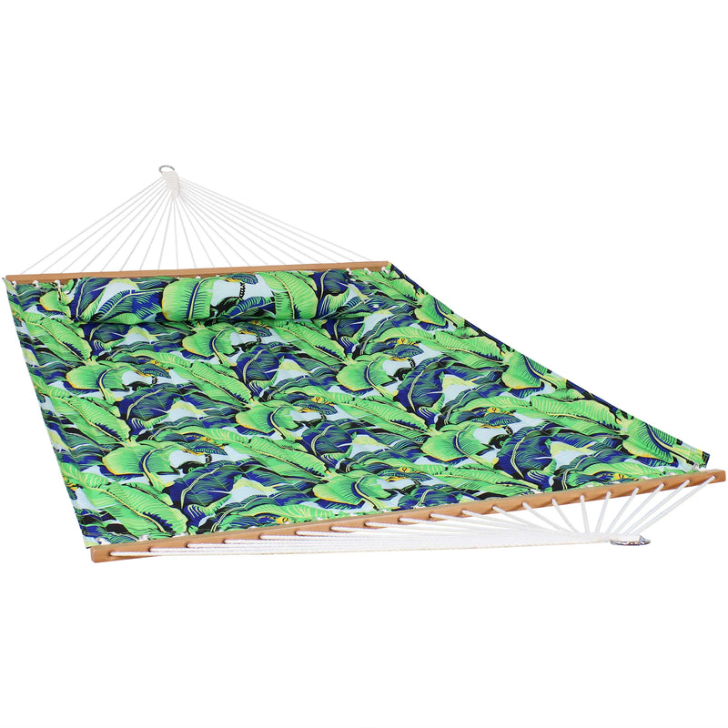 Sunnydaze 2-Person Fabric Spreader Bar Hammock and Pillow with Tropical Pattern