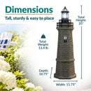 Dimensions infographic featuring a weathered brown and green lighthouse with callouts showing a total height of 35 inches, weight of 13.4 pounds, width of 11.75 inches, and depth of 10.75 inches.