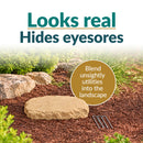 Infographic featuring a flat, tan decorative faux rock cover with a realistic stone texture in a mulched garden bed. Text reads “Looks real, Hides eyesores” with a callout explaining how it blends unsightly utilities into the landscape. Three metal ground stakes are displayed beside the rock.