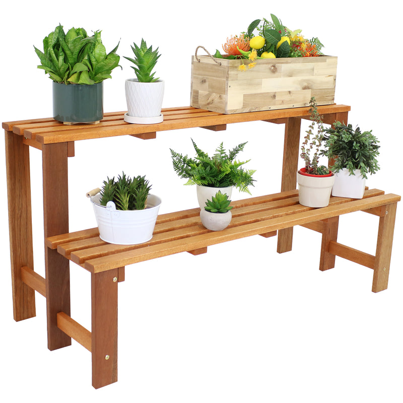tiered plant pots outdoor Sunnydaze 2-Tier Meranti Wood Outdoor Plant Stand with Teak Oil Finish