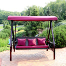 Sunnydaze 3-Person Steel Patio Swing with Side Tables and Canopy - Merlot