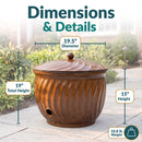 Decorative Metal Garden Hose Holder dimension image showing the overall measurements and hose access opening. The hose holder measures 19.5 inches in diameter by 19 inches high with the lid attached, or 15 inches high without the lid, and weighs 10.8 lbs. The side of the hose storage pot features a 1.75-inch diameter opening for easy connection of the garden hose to an outdoor spigot.