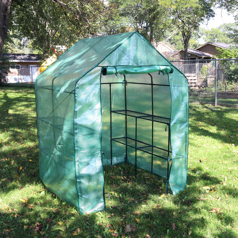 walk-in greenhouse with 4 shelves and green cover