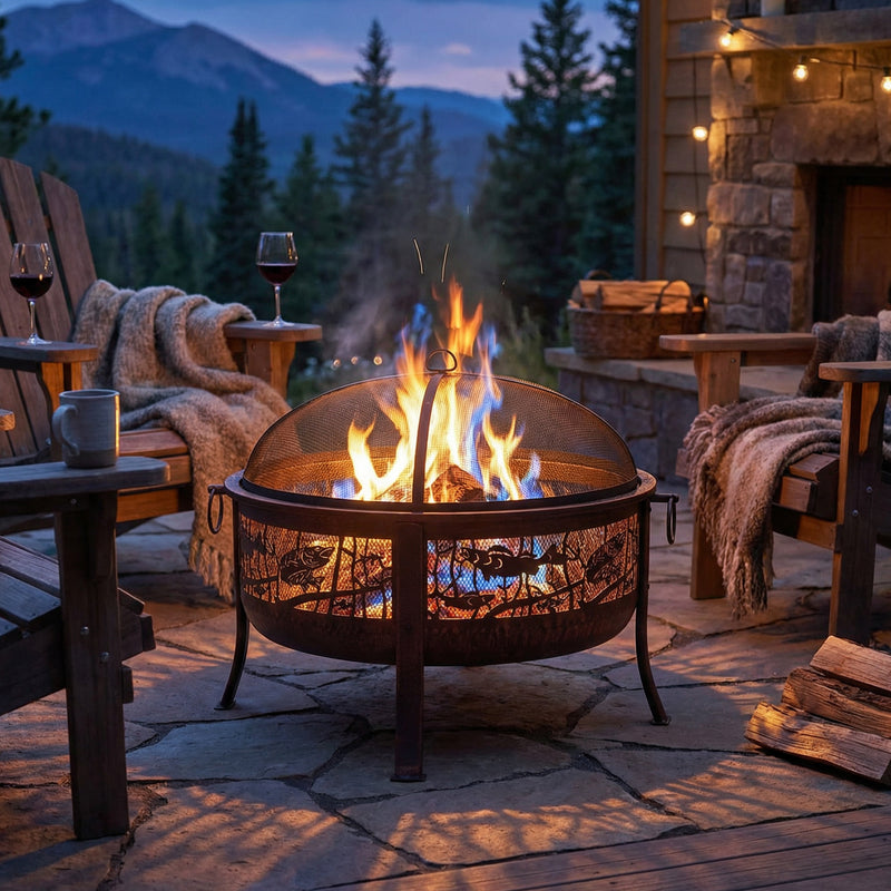 Sunnydaze Northwoods Fishing Fire Pit with Spark Screen - 30