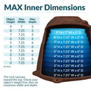 Infographic showing the maximum interior dimensions of a low, rounded dark brown faux rock cover, with a cutaway view and blue measurement layers illustrating usable width and depth at heights from 0 to 9 inches. A sizing table explains how the rock narrows toward the top and helps customers determine proper fit by measuring their object's height, width, and depth.
