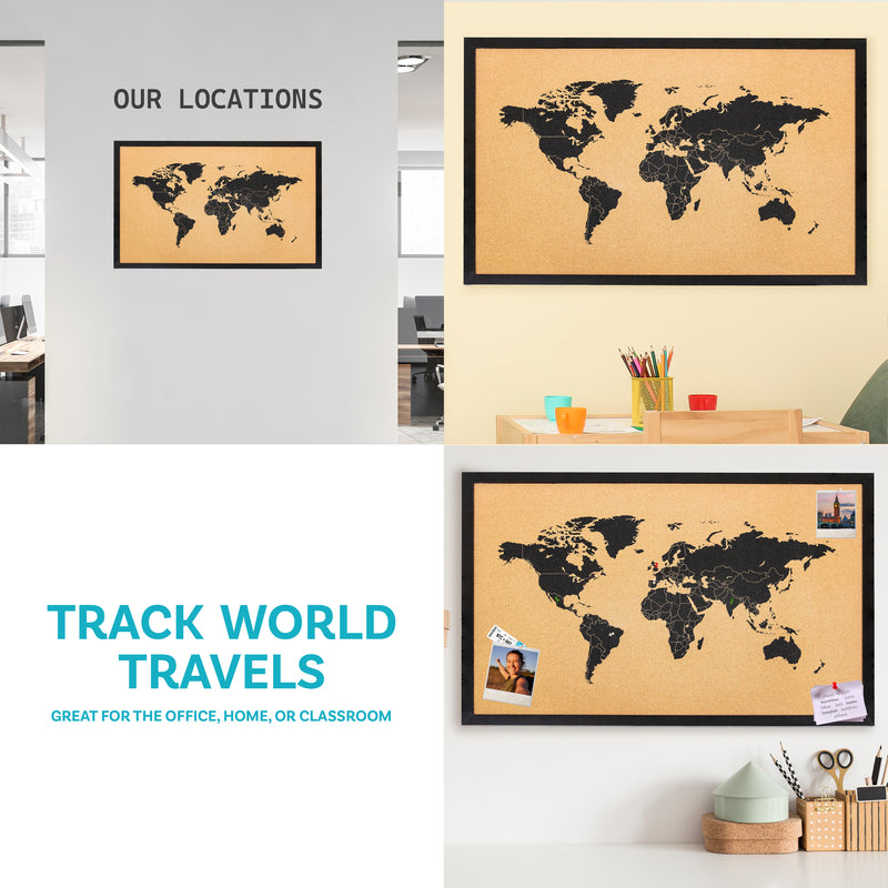 Sunnydaze World Map Cork Board with Push Pins - 35.5" W x 23.75" H