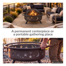 Bronze Cosmic Fire Pit shown as a centerpiece on a modern outdoor patio with a burning fire, alongside a second image demonstrating its portability with a person lifting the fire bowl by its circular handles.