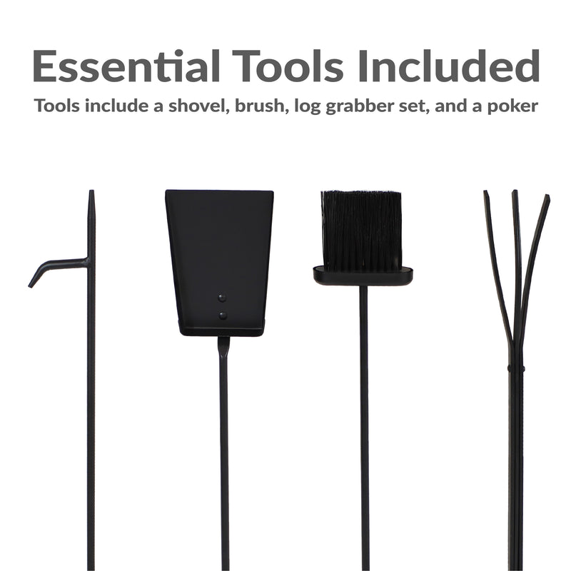 Sunnydaze 5-Piece Fireplace Log Holder with Poker, Shovel, and Brush