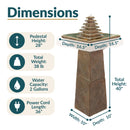 Dimensions infographic for an outdoor pedestal fountain showing a 40-inch total height, 10-inch width and depth, 28-inch pedestal height, 38-pound weight, 2-gallon water capacity, and 36-inch power cord.
