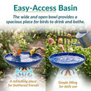 Easy-access basin infographic showing a colorful glass bird bath with birds bathing in the wide, open bowl and water being poured into the basin. Text highlights a refreshing place for birds and simple filling for daily use.