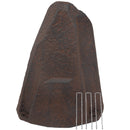 Dark brown faux rock utility cover with a tall, tapered shape and realistic textured stone surface, displayed with three metal ground stakes beside it against a white background.