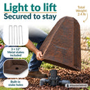 Lightweight dark brown faux rock utility cover being lifted to reveal outdoor plumbing. Text highlights its 2.4 lb weight, three included 12-inch metal stakes, and built-in stake holes for secure ground installation.