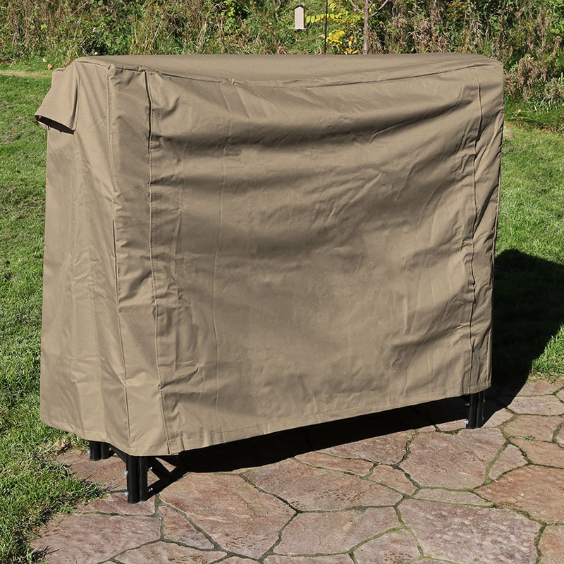 4 foot outdoor firewood rack cover protecting firewood and keeping it dry.
