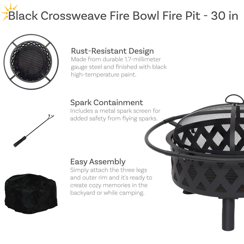 Sunnydaze Black Crossweave Wood Fire Pit with Cover, Spark Screen, Grate, and Poker