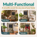 Infographic featuring an indoor wall fountain displayed in a living room, bedroom, office, and as a gift idea.