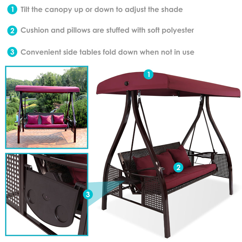 Sunnydaze 3-Person Steel Patio Swing with Side Tables and Canopy - Merlot