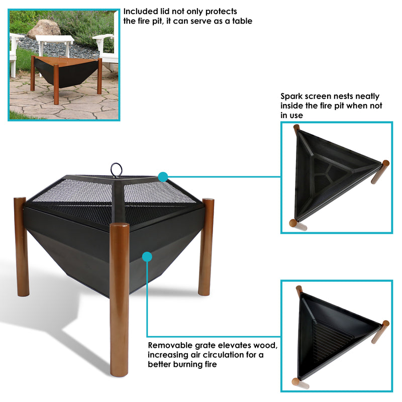 Sunnydaze Steel Outdoor Triangle Fire Pit and Side Table - 31"