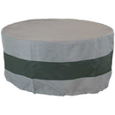 Heavy duty, gray polyester with PVC backing round fire pit cover with green stripe.
