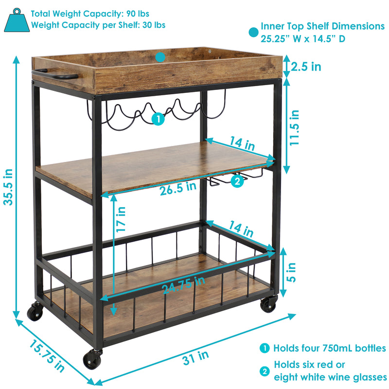 Sunnydaze Industrial Rolling Bar Cart for the Home - 35"