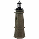 Weathered brown and green lighthouse statue with a black lantern and brick-textured finish displayed against a white background.