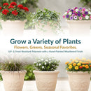 Cream-colored decorative planters filled with a variety of colorful flowers and greenery. Text highlights growing flowers, greens, and seasonal plants, along with UV- and frost-resistant polyresin and a hand-painted weathered finish.