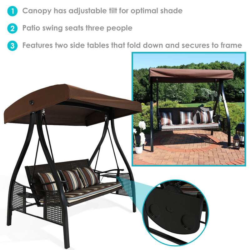 Sunnydaze Deluxe 3-Person Patio Swing with Canopy and Side Tables